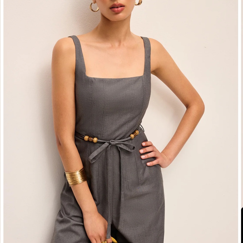 Square Neck Belted Jumpsuit With Beaded Waist Tie - Picture 4 of 8